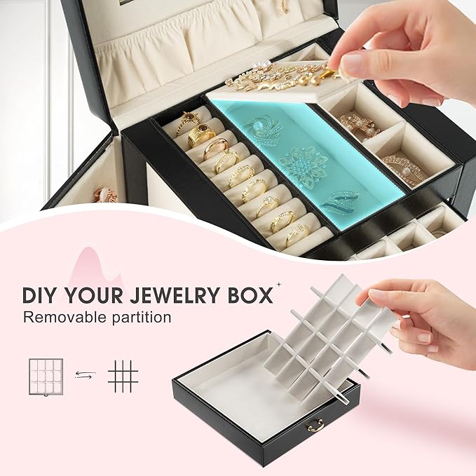 5-Layer Jewelry Box with 4 Drawers, Huge Portable Jewelry Organizer with Lock and Mirror for Women, for Necklace Ring Earring Bracelet Storage, Lockable Jewelry Case, Black