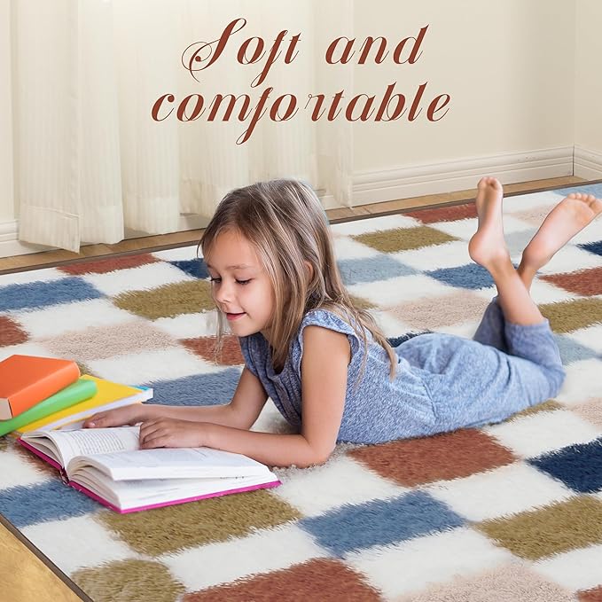 Super Soft Rug for Bedroom, 3x5 Ft Rainbow Area Rug Classic Checkered Shaggy Rug Anti-Skid High Pile Soft Fluffy Fuzzy Carpet for Living Room Bedroom Kids Room Nursery, Dorm Home Decor