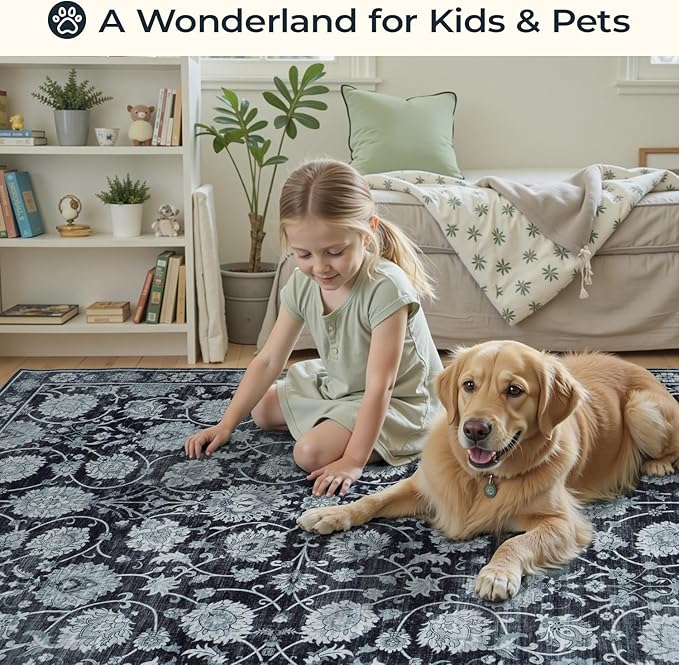 Black 8x10 Area Rugs for Living Room, Washable Large Bedroom Rug, Soft Non Slip Floral Carpet, Stain Resistant Low Pile Carpets for Indoor Under Table Dining Home Office Nursery, Black