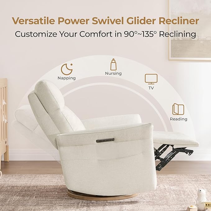 CHITA Power Recliner Chair, Electric Triple-Motor Swivel Glider Nursery Rocking Chair with Adjustable Power Headrest and Lumbar Support, GREENGARD Gold Certified, Solid Wood Base, Linen