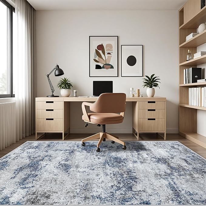 Washable Rug 6x9 Area Rugs: Abstract Washable Rugs with Non-Slip Backing, Stain Resistant Indoor Floor Carpet for Bedroom Dining Room Table Nursery Hallway Home Office Blue/Gray/Black
