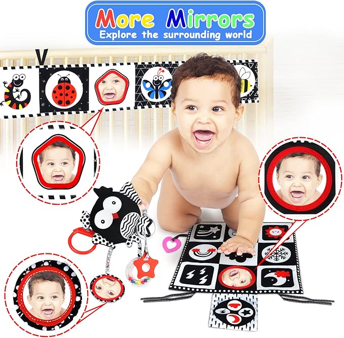 KUANGO Black and White High Contrast Baby Toys 0-6 Months with Mirror, Crinkle and Rattles, Soft Baby Toys for Brain Development Montessori Sensory Tummy Time Newborn Infant for 0 3 6 9 Months Old