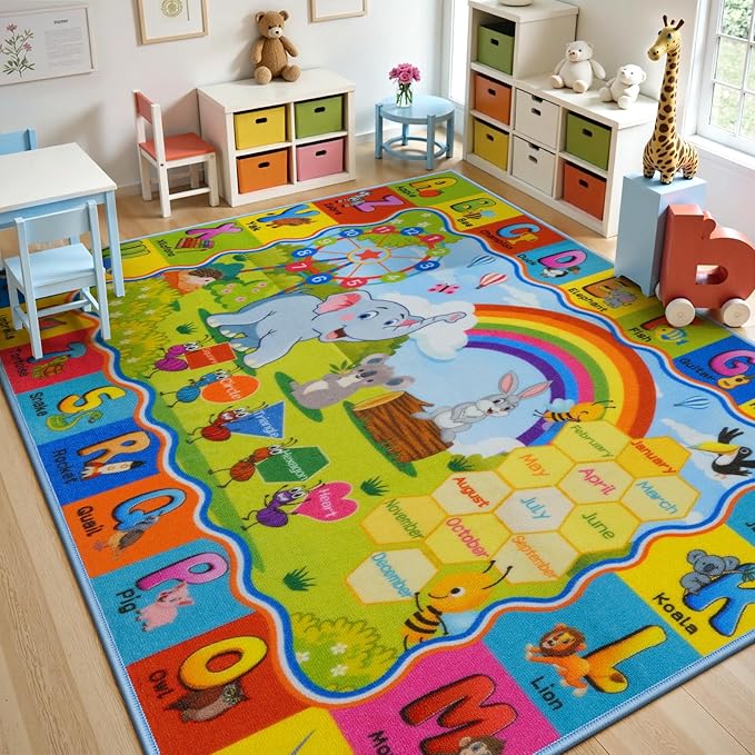 STARUIA ABC Rug for Kids Playroom, Classroom Floor Play Mat for Kids, Preschool Educational Rug for Learning Alphabet Animals Numbers Months, ABC Carpet Play Rug for Nursery Kid Room Decor (63"x78")