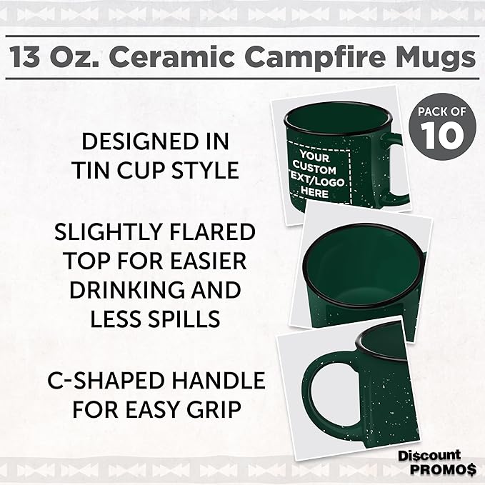DISCOUNT PROMOS Custom Ceramic Campfire Coffee Mugs 13 oz. Set of 10, Personalized Bulk Pack - Perfect for Tea, Espresso, Cappuccino, Hot Cocoa - Green