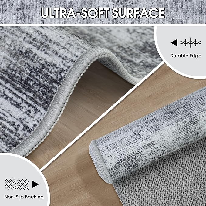 Runner Rug 2'6''x8' Washable: Modern Abstract Kitchen Rug With Non-Slip Backing, Thin Long Carpet for Hallway, Bedroom, Laundry Room-Black