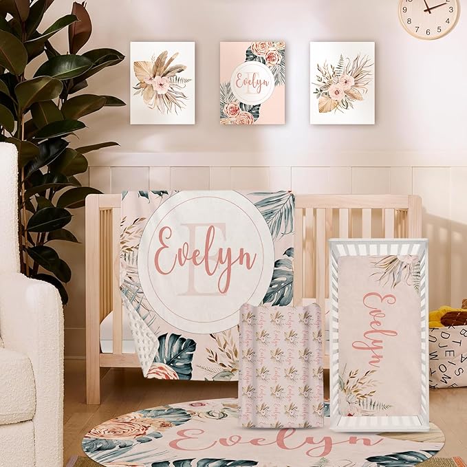 Personalized Nursery Crib Bedding Set: Custom Name 5 Piece Baby Crib Sets with Bohemian Flowers - Toddler Double Layer Blanket Set, Comfortable Crib Bed Sheets for Baby Gril