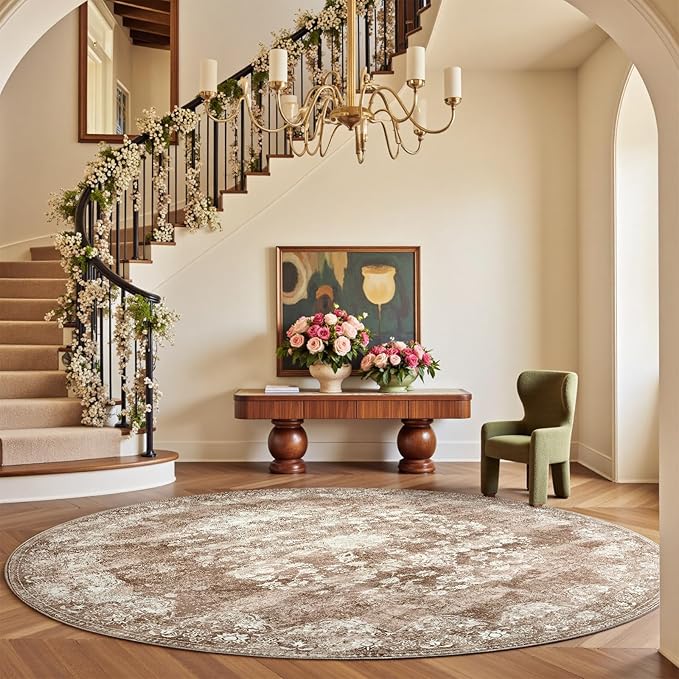jinchan Round Rug 7ft Area Rug - Brown Vintage Floor Mat Kitchen Indoor - Washable Circle 7' Thin Floral Print Carpet Retro Farmhouse Non Slip Dining Room Living Room Bedroom Office