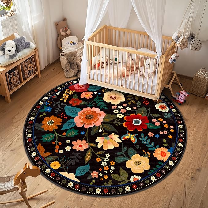 Floral 6ft Area Rug Machine Washable Soft Print Boho Carpet Non Slip Doormat Low Pile Flower Area Rugs for Living Room Bedroom Nursery Kitchen Dining Room Indoor-Black