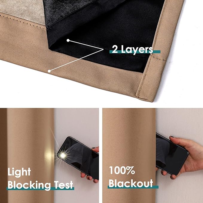 ChrisDowa 100% Blackout Curtains 84 inch Long for Bedroom with Black Liner, Extra Wide 2 Thick Layers Total Blackout Thermal Insulated Grommet Window Curtains 2 Panels Set (Cappuccino, 60 x 84 Inch)