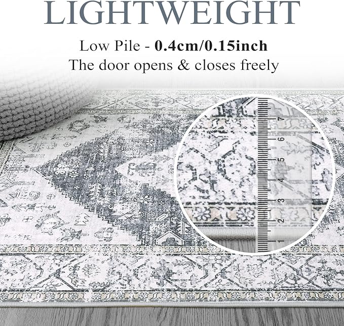 Lahome Boho Washable Rugs for Bedroom - 3x5 Area Rugs for Living Room Throw Non-Slip Thin Entryway Rug Kitchen Rugs Grey Oriental Distressed Print Capet for Office Bathroom Laundry Room Dining Room