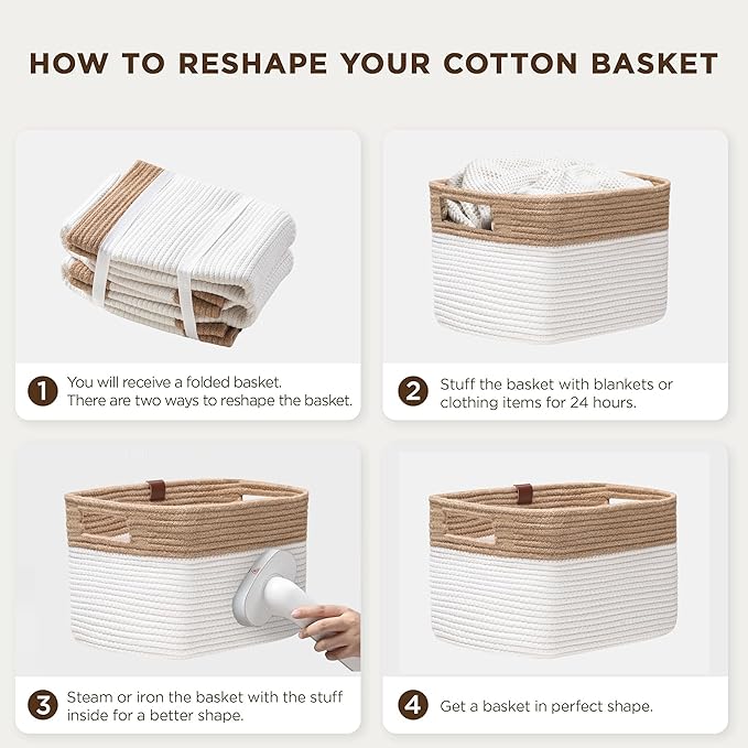 UBBCARE 2 Pack Baskets for Organizing, Woven Storage Baskets with Label for Toys and Towel, Rectangle Cotton Rope Basket with Handles, 15''L x10''W x9''H, Off-White