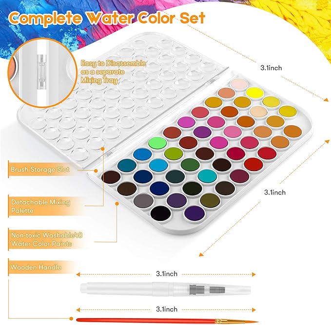 Taotree Valentines Day Gifts for Kids Adults, Easter Basket Stuffers, 48 Colors Watercolor Paint Set, Art Supplies Drawing Kit Painting Supplies Brush, Gifts for Teens Girls Boys Artists