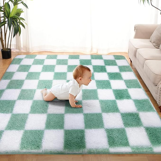 Super Soft Rug for Bedroom, 8x10 ft Sage Green and White Area Rug Classic Checkered Shaggy Anti-Skid High Pile Soft Fluffy Rug Fuzzy Carpet for Living Room Bedroom Kids Room Nursery, Dorm