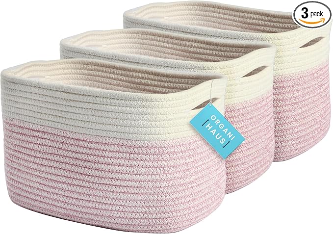 OrganiHaus Set of 3 Pink Woven Baskets for Organizing, Cotton Rope Basket for Decor, Shoe Basket Organizers & Storage, Decorative Storage Baskets & Bins, Cute Storage Basket for Toys & Cloths