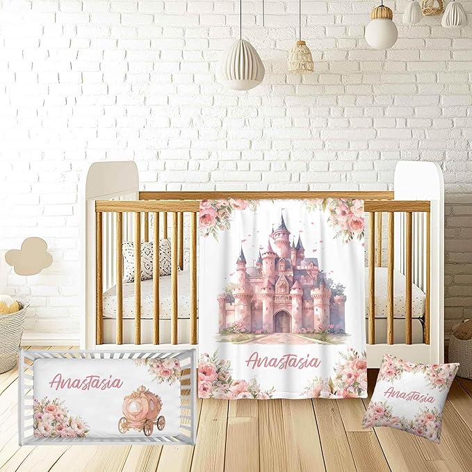 Personalized Baby Girl Crib Bedding Set – Custom Name Princess Castle 3-Piece Nursery Set with Soft Flannel Blanket, Fitted Sheet & Pillowcase – Infant & Toddler Bedding Gift