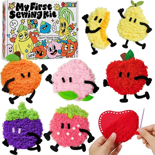 Golray Fruit Plushie Sewing Kit for Kids - My First Sewing Kit for Beginners, 7 Easy Felt Craft Project of Fruit Toys with Yarn, Leather, Plastic Needles, Glue & Instruction, Gift for Kid Girls Boys