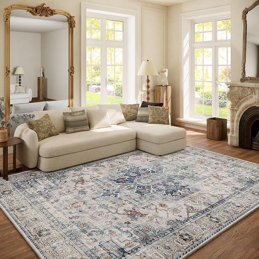 6x9 Area Rugs for Living Room: Washable Bedroom Rug Boho Vintage Rugs Stain Resistant Non Slip Low Pile Soft Lightweight Carpet for Kitchen Dining Room Farmhouse Nursery Kids Room Home Office