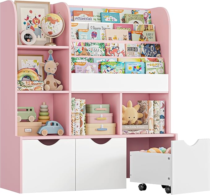 FOTOSOK 47'' Kids Bookcase and Bookshelf, Multifunctional Bookcase with 5 Storage Cubbies and 3 Movable Drawers, Toy Storager Display Stand, Toy Storage Organizer for Bedroom, Playroom, Hallway, Pink