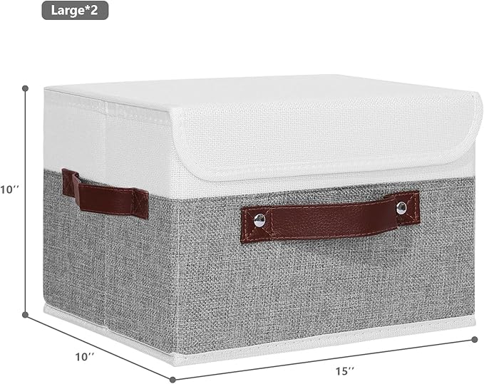 ANMINY 2PCS Storage Boxes with Lid Washable Decorative Storage Bins Basket with PU Leather Handle Foldable Linen Fabric Storage Cubes Containers for Home Closet Organizer - Gray White, Large Size