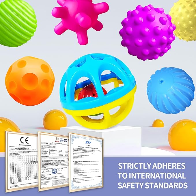 Sensory Balls - Montessori Toys, Multiple Textures Toddler Sensory Toys for Babies 1-3, Hand Catching Baby Balls, Blue Rattle 3-6 Months
