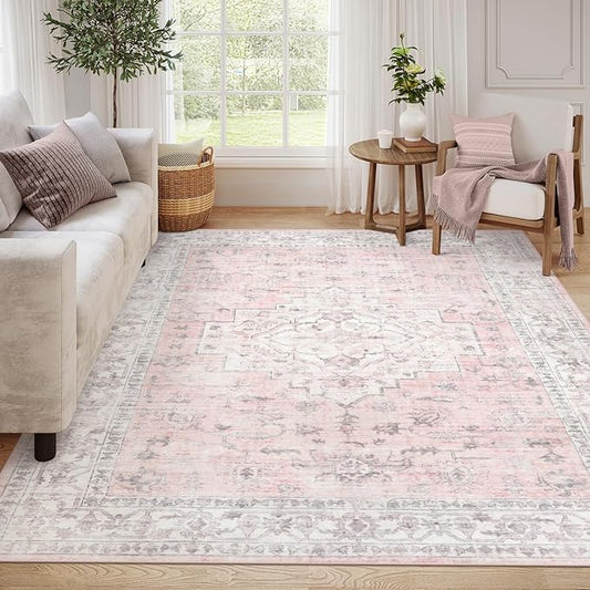 LIVEBOX Pink 8x10 Area Rug for Bedroom Girls, Boho Washable Rugs for Living Room Nursery, Non-Slip Indoor Soft Carpet Low-Pile Farmhouse Carpets for Dining Room Kids Playroom, Pink