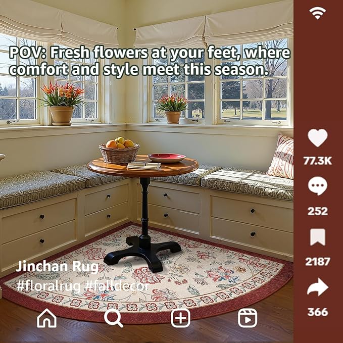 jinchan Floral Corner Rug for Living Room Washable Bedroom Rug Vintage Romance Design Non Slip Quarter Circle Lightweight Low-Pile Throw Carpet for Reading Nook Playroom,7ft Radius, Red/Beige