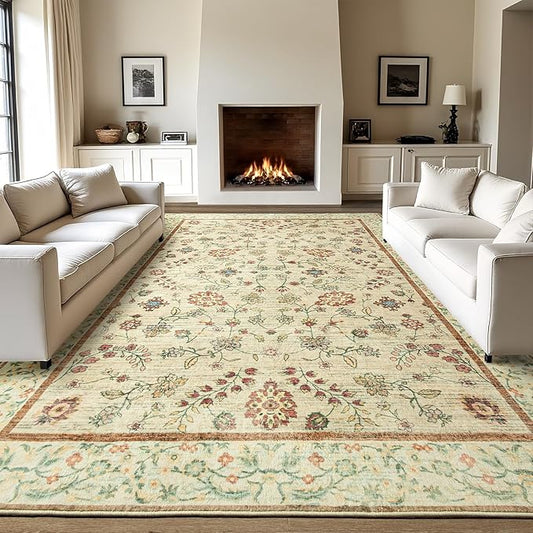 LOCHAS Washable Area Rugs 4x6, Beige Floral Rug for Living Room Bedroom Non Slip, Ultra Soft Vintage Indoor Carpet for Kids, Nursery, Dorm, Dining Room, Classroom, Boho Flower Home Decor, Low-Pile