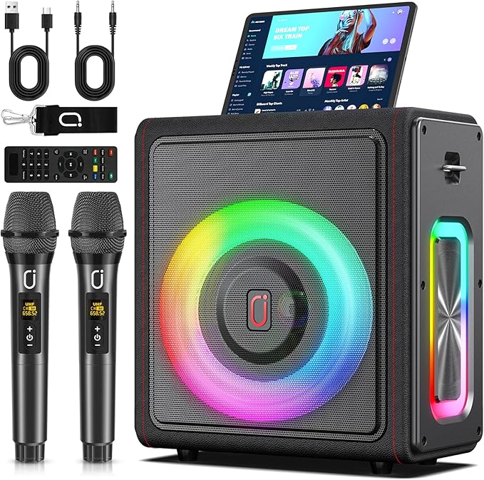 Karaoke Machine, Portable Bluetooth 5.3 Speaker with 2 Wireless Microphones for Adults, PA System with Pitch Correction & Echo Adjustment, Supports TWS/TF Card/USB/AUX/Live for Home Party