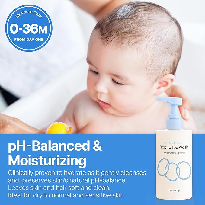 BEBESUP- 베베숲 Head to Toe Wash Baby Shampoo | Korean Skincare for Sensitive & Atopic Skin Organic Rice Cera Biome Hypoallergenic Coconut-Derived Cleanser Head to Toe Use 10.14 fl oz