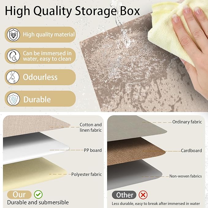 Yawinhe Collapsible Storage Boxes, Linen Fabric Baskets, Bin with lid and Leather Handle, Washable, for Home, Closet, Beige, 15.0''Lx9.8''Wx9.8''H, 3-Pack, USNK024BEL-3