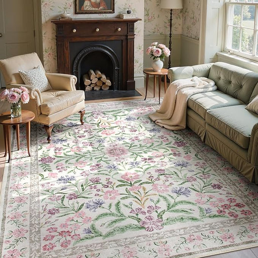 Wonnitar Purple Floral 8x10 Area Rugs, Washable Rug for Living Room, Soft Ultra-Thin Non-Shedding Large Indoor Boho Carpet for Bedroom Nursery Playroom Classroom Decor, Light Purple/Pink