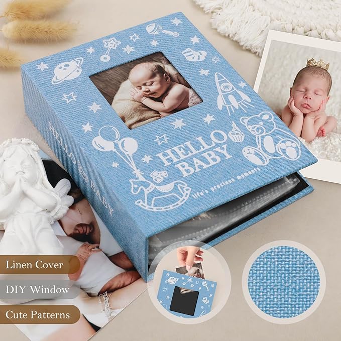 Lanpn Baby Photo Album 4x6 100 Pockets 2 Packs, Mini Linen DIY Window Photo Book Newborn Bebe Album Memory Book Sets, Holds 100 Top Loader Vertical Pictures Gift for Kids Boy Girl Baby Shower, Blue
