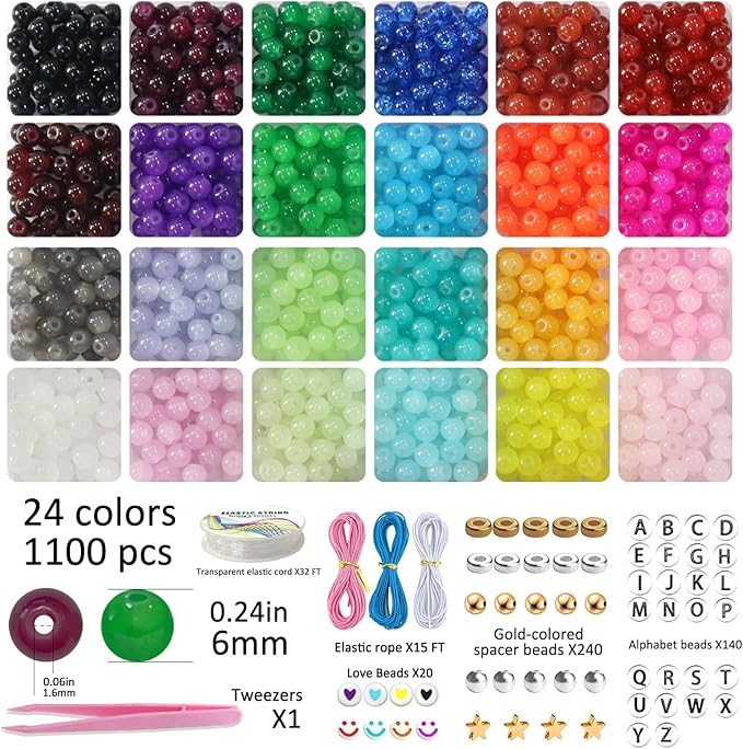 JULIMAIDONG 6mm Glass for Bracelets 1400pcs, 24 Colors Round Crystal Glass Bracelet Making Kit for Jewelry Making Kits Bead DIY Crafts with Spacer Charms Accessories (6mm, 24Color)