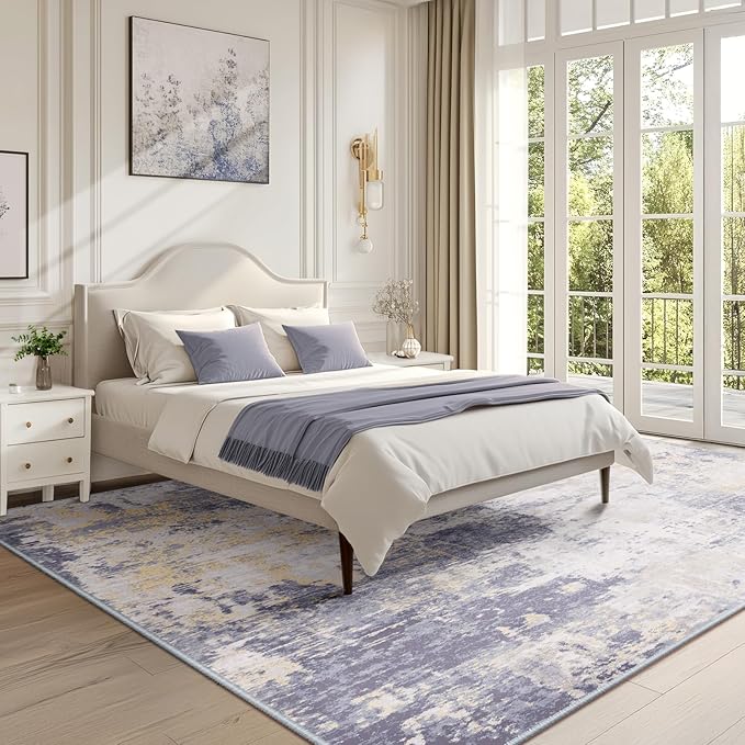 Washable Area Rugs 5'x7' Non-Slip Modern Abstract Soft for Living Room Entryway Bedroom Nursery, Print Pattern, Purple Grey Cream Yellow