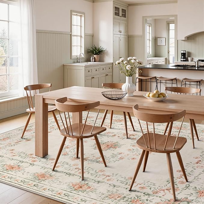Wonnitar Floral Bow Print Washable 8x10 Rug, Beige Rugs for Living Room, Boho Non Slip Ultra-Thin Soft Neutral Carpet for Nursey Kids Room Dorm Living Room, Beige