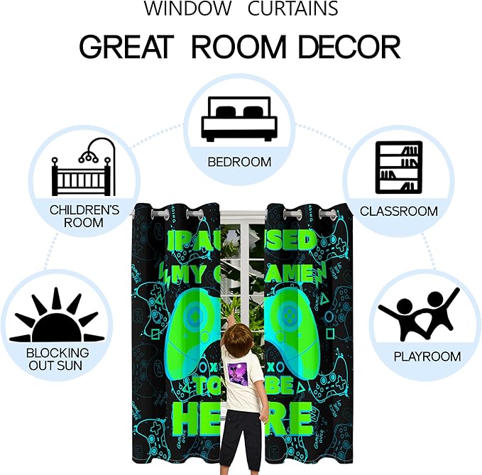 Gaming Curtain for Boys - 2Pcs Gamer Curtain Panels for Boys Bedroom Blackout Drapes Modern Games Patterns Windows Curtains Green Game Room Decor Grommet Top Thermal Insulated Curtains, 82" x 63"