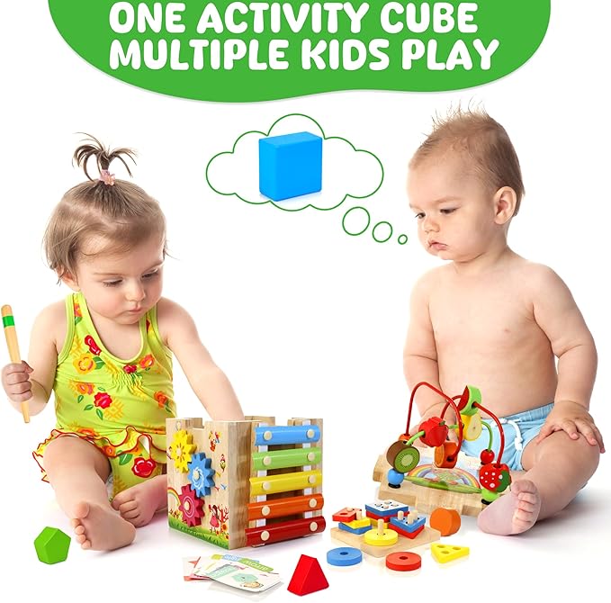 8-in-1 Wooden Baby Activity Cube - Xylophone, Shape Sorter, Abacus| 1st Birthday Gift Toys for One 1 2 3 Year Old Boy Girl | Montessori Educational Learning Toddler Toy| Bonus Sorting & Stacking Board