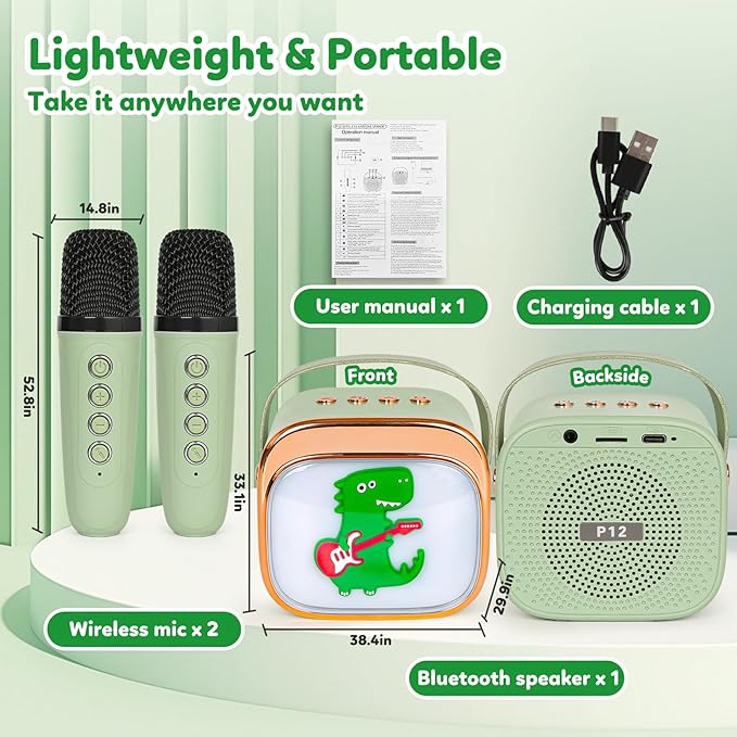 Dinosaur Karaoke Machine for Kids, Portable Mini Karaoke Machine with 2 Wireless Microphones, 4 5 6 7 8 9 10 Years Old Girl Boy Easter Christmas Birthday Gift Colorful Lighted Speaker Toys