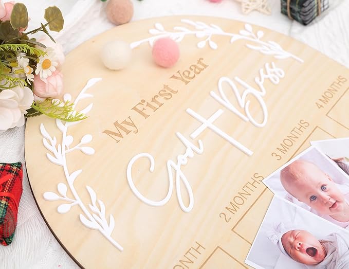 God Bless My First Year Photo Board - 1st Holy Communion Monthly Photos Display,God Bless 1 To 12 Months Photo Wooden Board,Baby Baptism Party Milestone Photos,Wooden Cross Photo Board (God Bless)