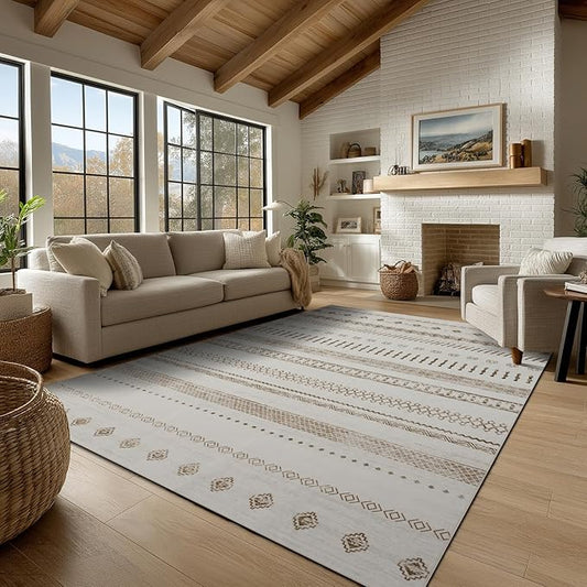 4x6 Washable Area Rug for Living Room, Carpet for Bedroom,Boho Soft Faux Wool Retro Dining Room Rug, Non Slip&Non-Shedding Resistant Low Pile Vintage Print Rug for Home Office (Beige)