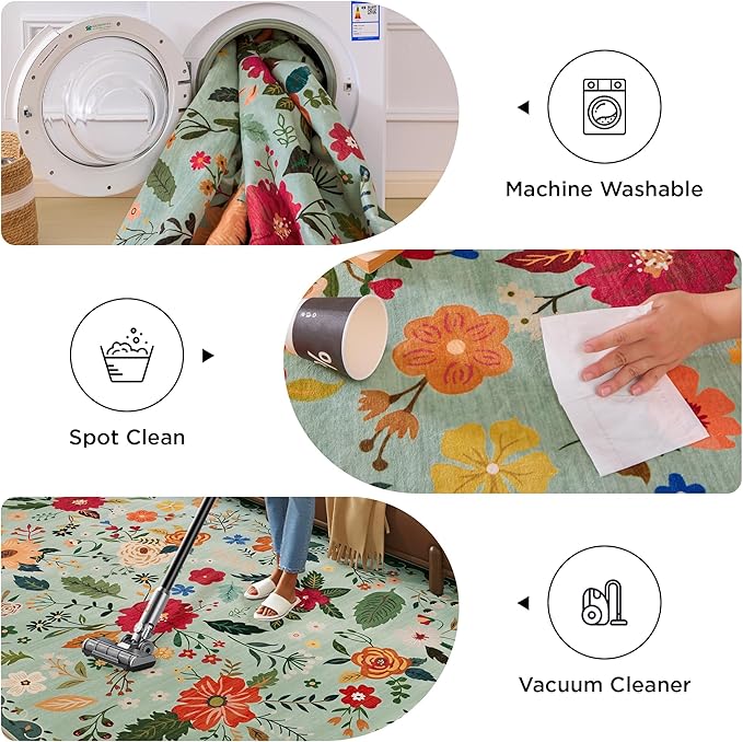 Rug Runners 2x6, Floral Green Washable Kitchen Rugs for Hallways Area Rugs, Non Slip Long Rug Low Pile Doormat Flower Carpet for Kitchen, Entryway Indoor, Bedroom, Bathroom, Laundry, Sage Green