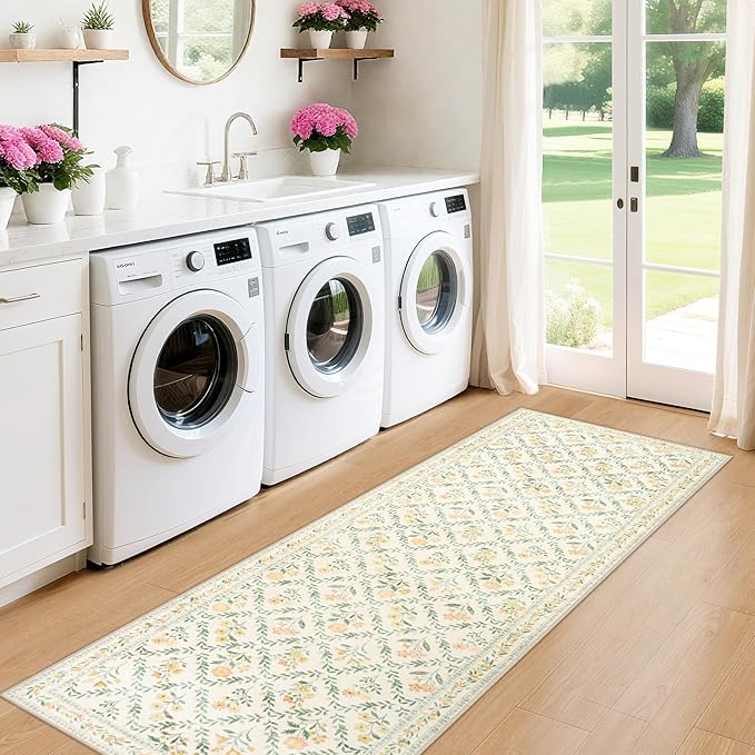 Runner Rug for Entryway: 2x6 Kitchen Rugs Non Slip Washable Ultra-Thin Soft Floral Carpet Indoor Floor Stain Resistant Carpets for Hallway Bedroom Kitchen Laundry Bathroom Dorm Beige/Multi