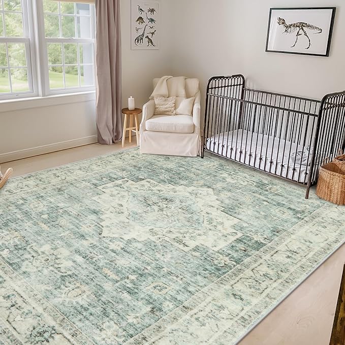 LIVEBOX Washable Area Rug 8x10 Rugs for Living Room Bedroom, Non-Slip Boho Indoor Carpet for Dining Room Office, Low-Pile Farmhouse Soft Carpets for Kids Nursery Playroom, Sage Green