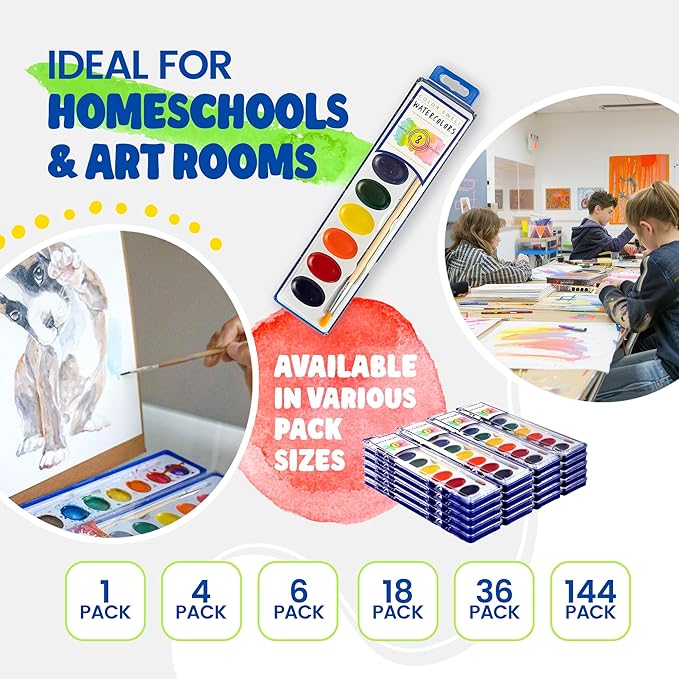 Color Swell 6 Pack Bulk Watercolor Paint Pack with Wood Brushes 8 Colors Washable Water Colors Great for Kids, Parties, Students, All Ages