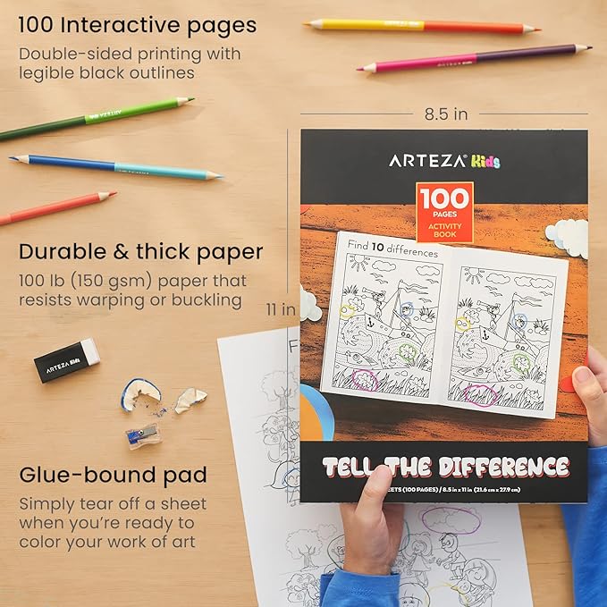 Arteza Kids Activity Book, Spot The Difference Book, Back to School Supplies for Ages 6 and Up, 50 Sheets, 12 Double-Ended Colored Pencils, Black Marker, Eraser, Sharpener