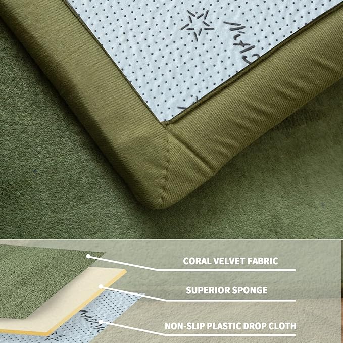 MAXYOYO Coral Velvet Area Rug, Thick Japanese Tatami Mat Living Room Carpet with Non-Slip Backing, Large Solid Color Mat for Bedroom Dormitory Yoga, Olive Green, 78 by 78 inch