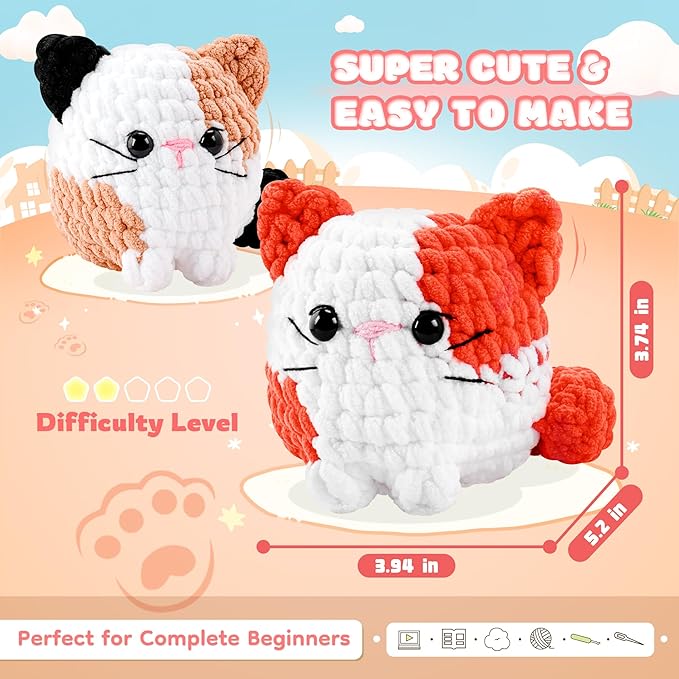 Cat Crochet Kit for Beginners-2PCS Calico Cats Crochet Kits for Adults Kids, Crochet Starter Kit with Step-by-Step Video Tutorials,Crochet Animal Kits Knitting Kit Learn to Crochet Kits