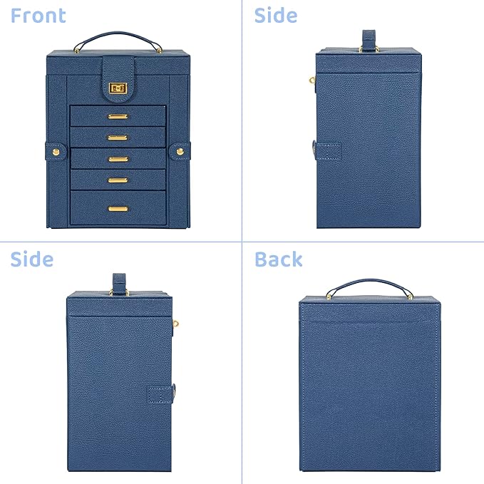 AKOZLIN Jewelry Box Organizer Functional Leather Jewelry Storage Case for Women Girls Ring Necklace Earring Bracelet Holder Organizer with Mirror Blue