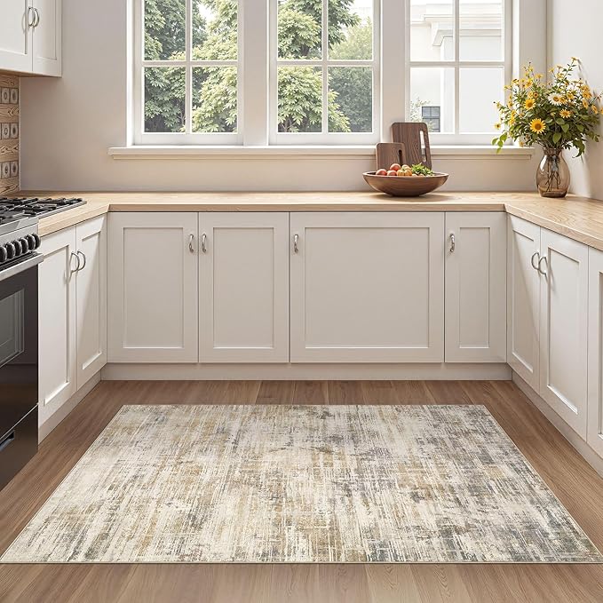 Area Rug for Living Room: 3x5 Washable Neutral Abstract Modern Soft Rugs Non Slip Indoor Floor Stain Resistant Carpet for Bedroom Dining Room Office Nursery - Golden Brown