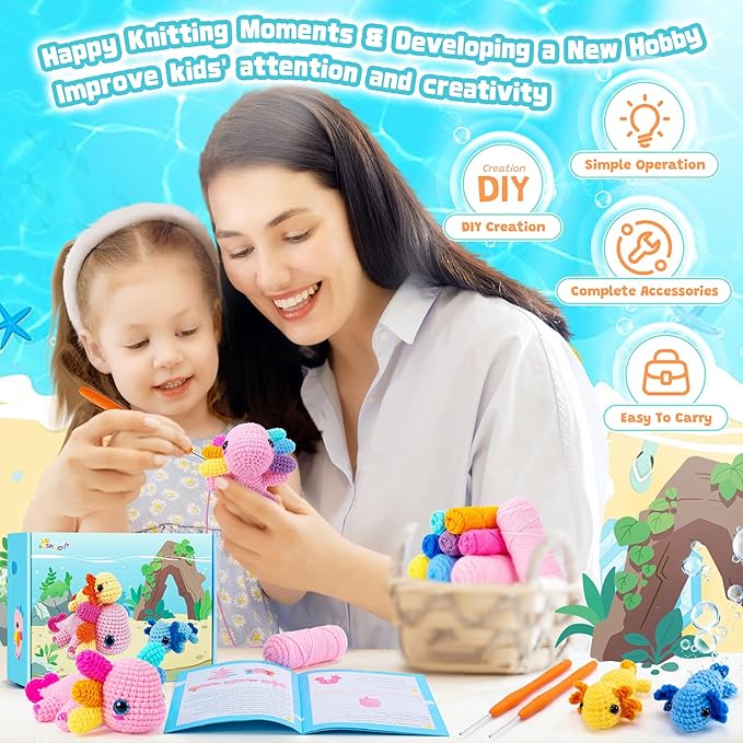 Crochet Kit for Beginners-3PCS Axolotl Crochet Kits for Adults Kids, Crochet Starter Kit with Step-by-Step Video Tutorials, Crochet Animals Kits DIY Craft Knitting Kit Learn to Crochet Kits for Adults